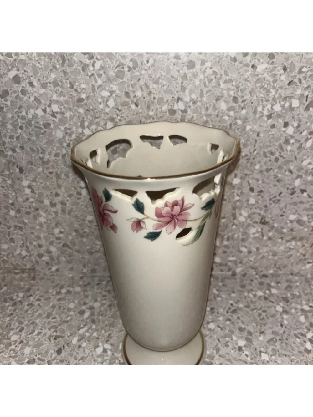 Lenox Barrington Collection Vase Ivory Pink Floral Pierced Lattice Gold Trim
